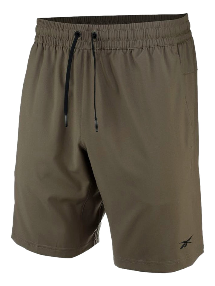 Shorts deportivos Reebok color verde militar con cintura elástica y cordón ajustable.
