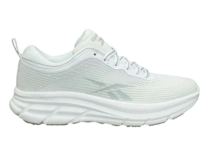 Tenis deportivos Reebok Road Strider color blanco con detalles en gris y suela blanca.