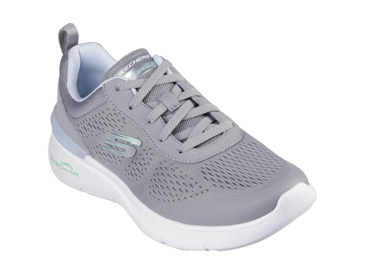 Tenis deportivos Skechers color gris con suela blanca y detalles en azul claro.