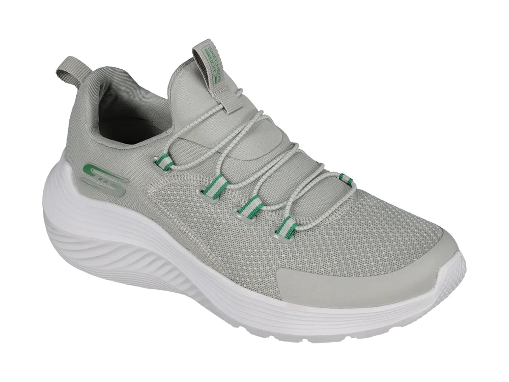Tenis deportivos Skechers Bob's Squad Waves en color gris con suela blanca y detalles verdes.