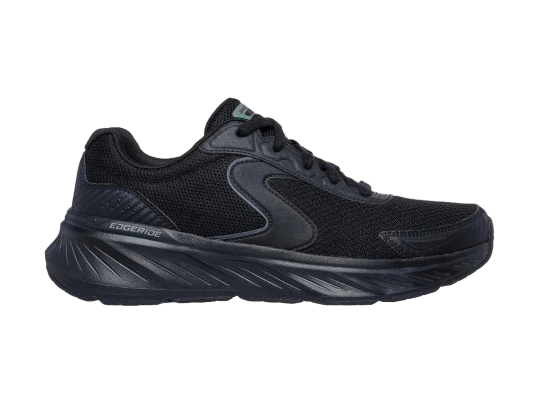 Tenis deportivos Skechers Edgeride en color negro total con suela robusta y parte superior de malla.