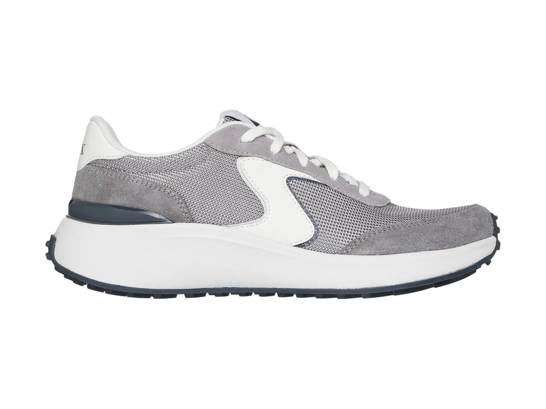 Tenis Skechers modelo Blvd en color gris con detalles blancos y suela blanca gruesa.