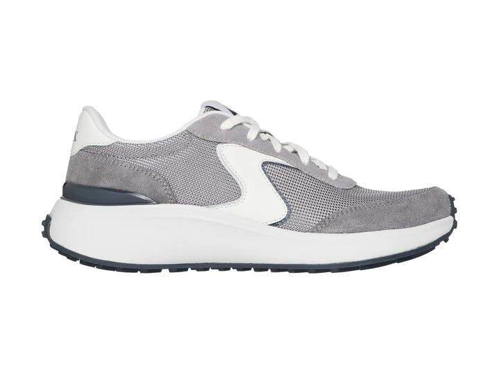 Tenis Skechers modelo Blvd en color gris con detalles blancos y suela blanca gruesa.