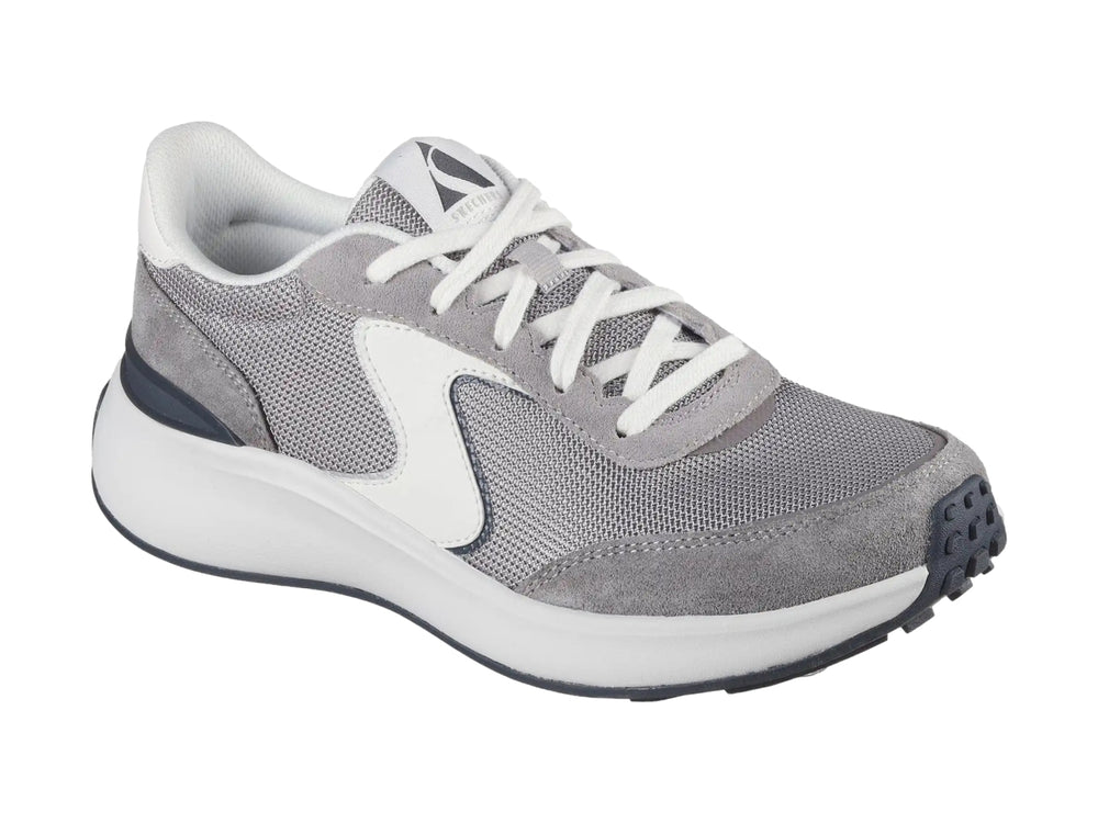 Tenis Skechers modelo Blvd en color gris con detalles blancos y suela blanca gruesa.
