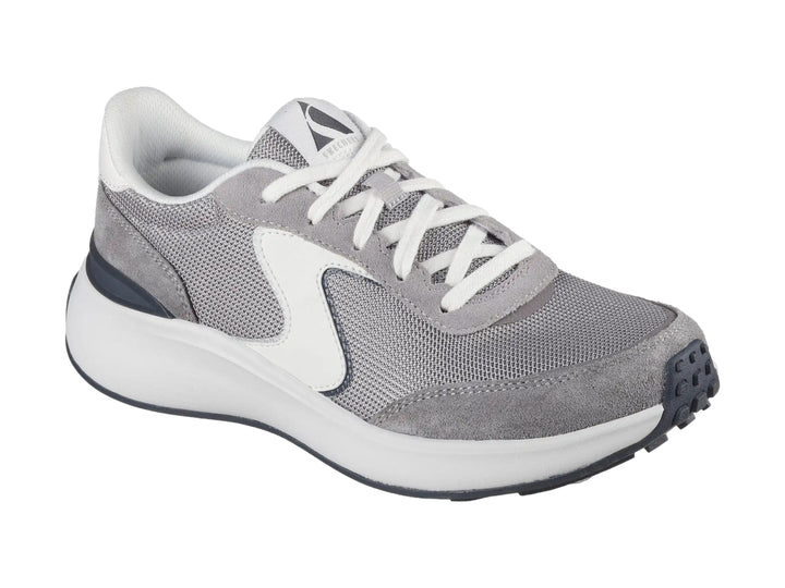 Tenis Skechers modelo Blvd en color gris con detalles blancos y suela blanca gruesa.