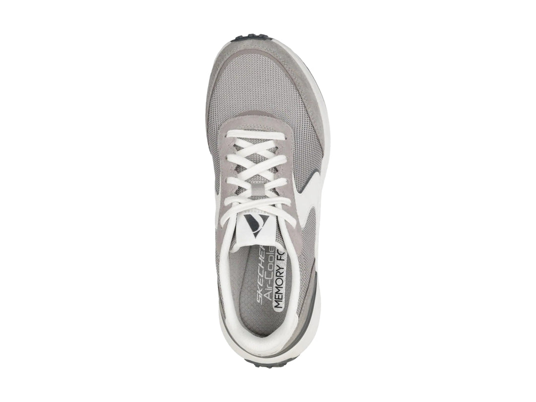 Tenis Skechers modelo Blvd en color gris con detalles blancos y suela blanca gruesa.