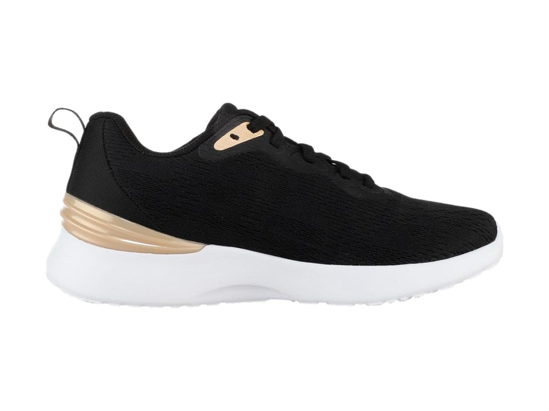 Tenis deportivos Skechers color negro con suela blanca y detalles en dorado.