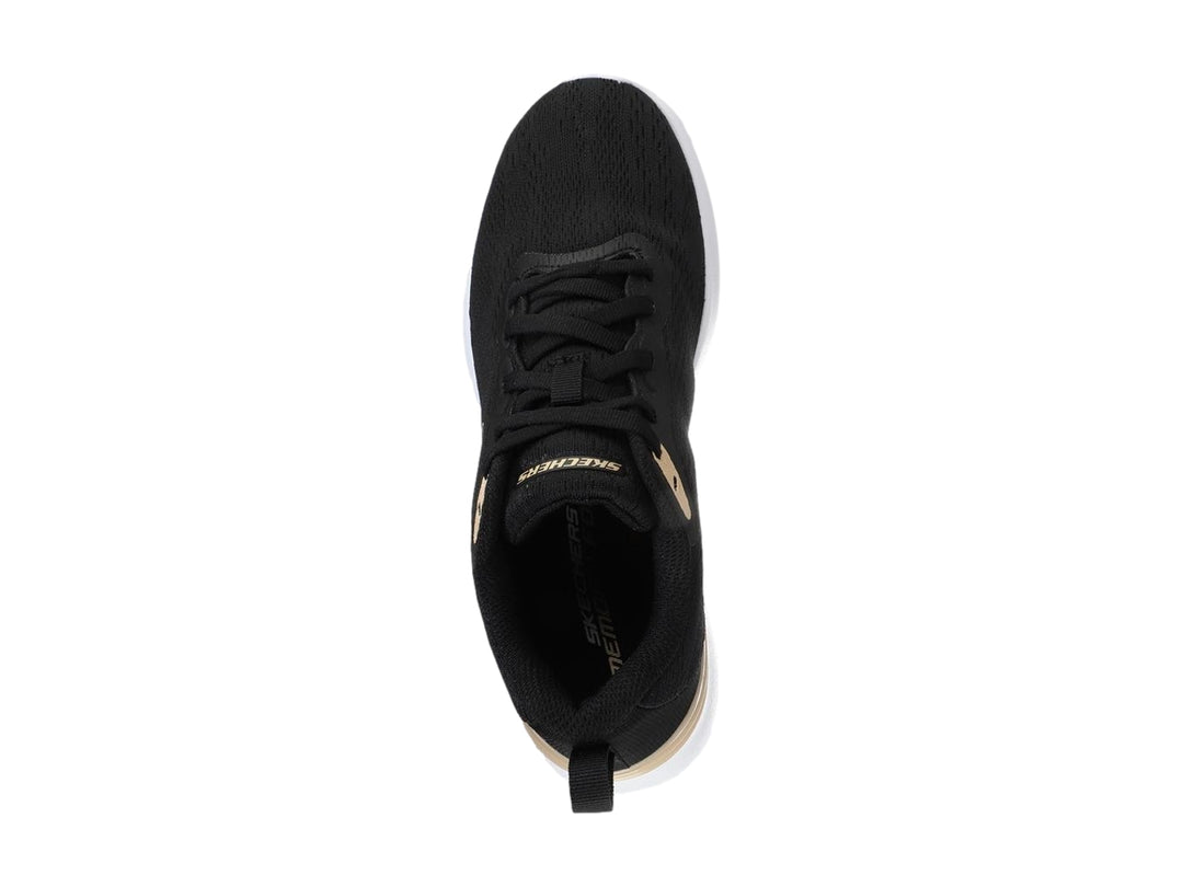 Tenis deportivos Skechers color negro con suela blanca y detalles en dorado.
