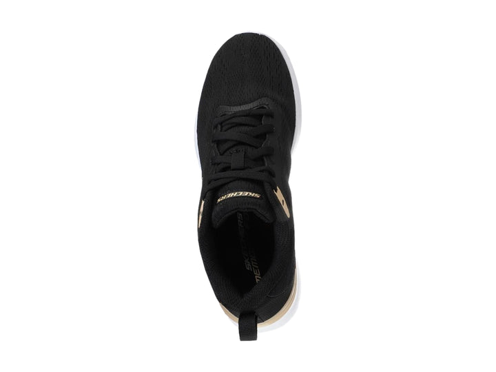 Tenis deportivos Skechers color negro con suela blanca y detalles en dorado.