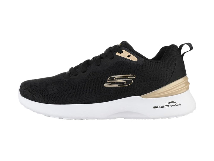 Tenis deportivos Skechers color negro con suela blanca y detalles en dorado.