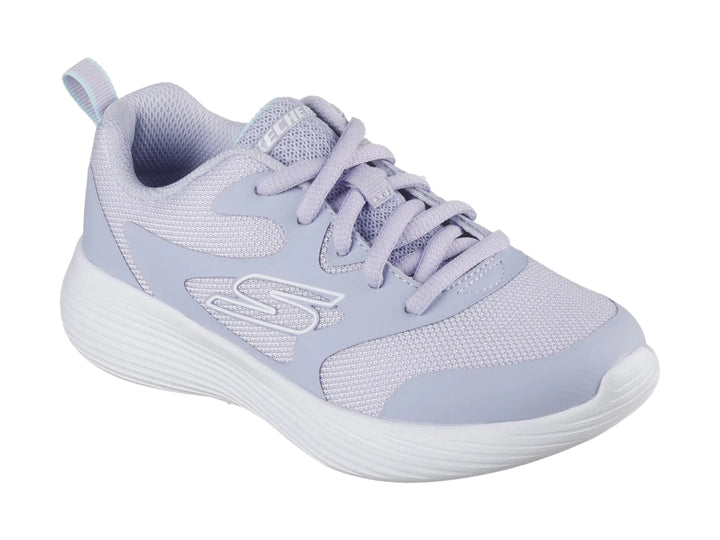 Tenis deportivos Skechers color lila con suela blanca.