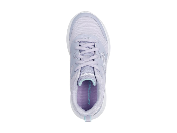 Tenis deportivos Skechers color lila con suela blanca.