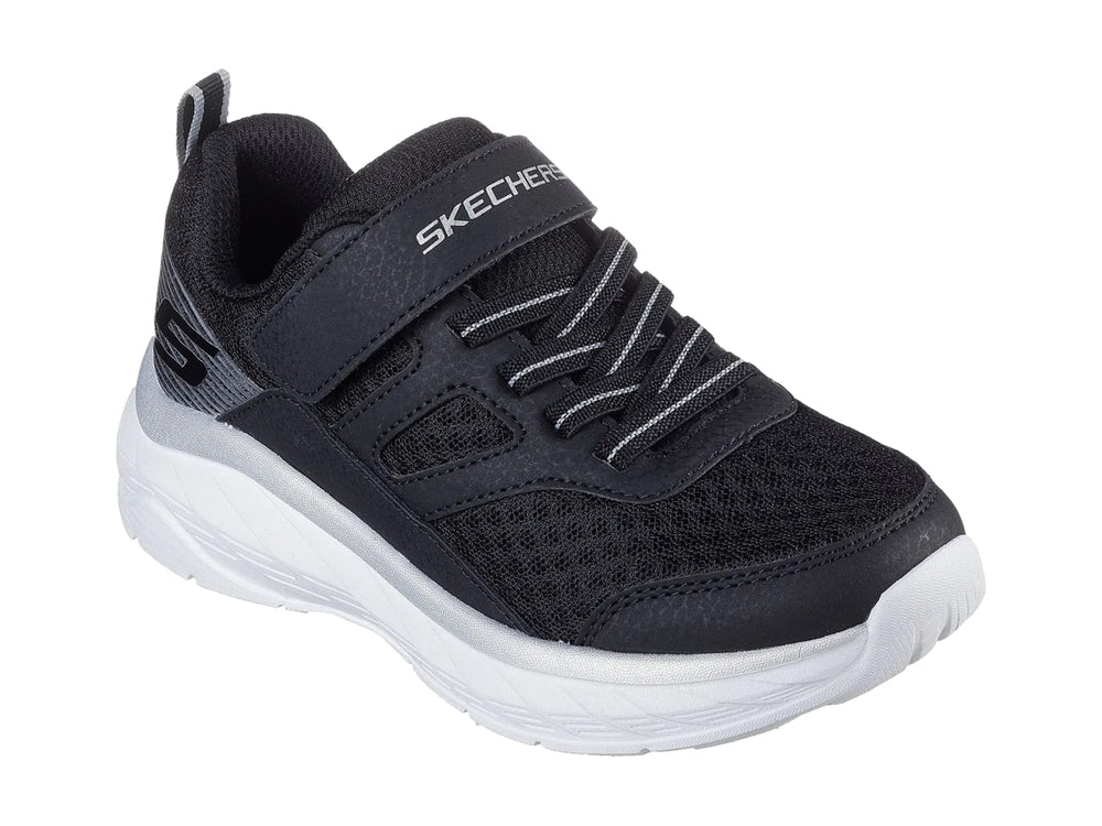 Tenis deportivos Skechers color negro con suela blanca y cierre de velcro para Niño.