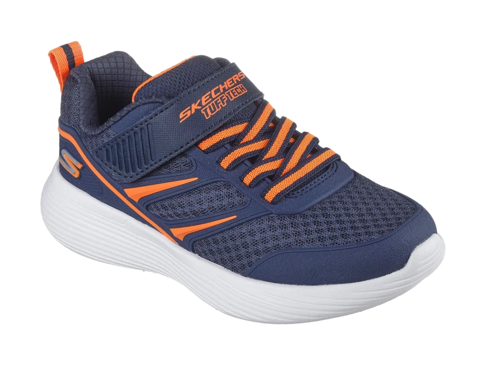 Tenis deportivos Skechers color azul marino con detalles naranjas y suela blanca.