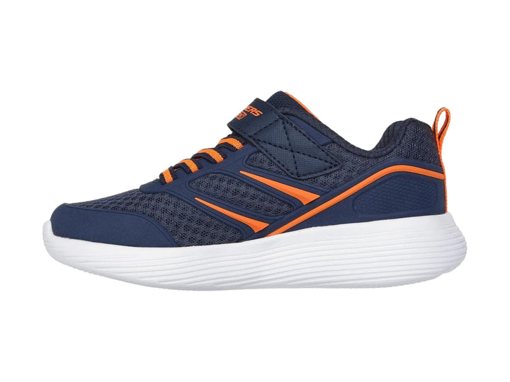 Tenis deportivos Skechers color azul marino con detalles naranjas y suela blanca.