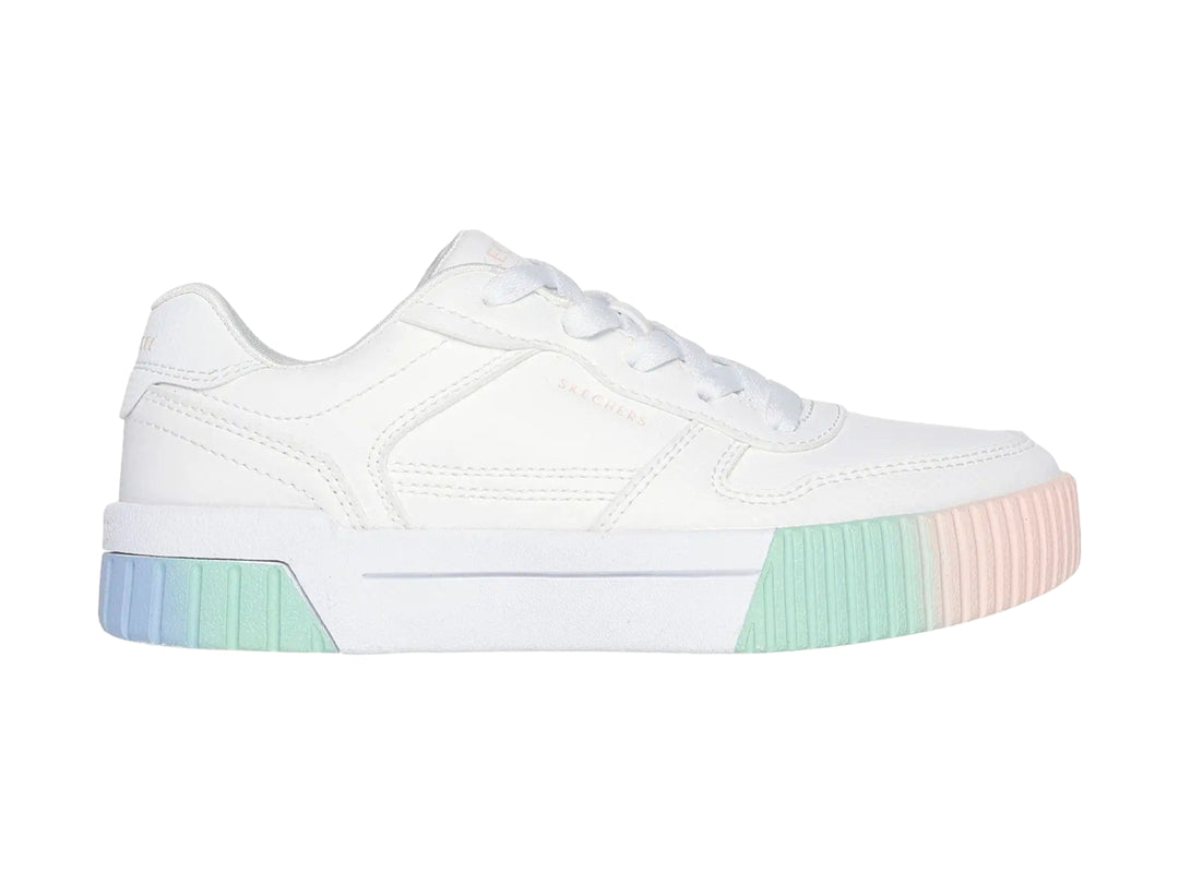 Tenis blancos Skechers con suela gruesa en degradado de colores azul, verde y rosa.