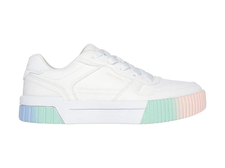 Tenis blancos Skechers con suela gruesa en degradado de colores azul, verde y rosa.