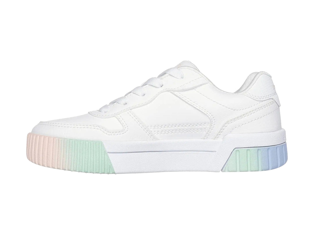 Tenis blancos Skechers con suela gruesa en degradado de colores azul, verde y rosa.