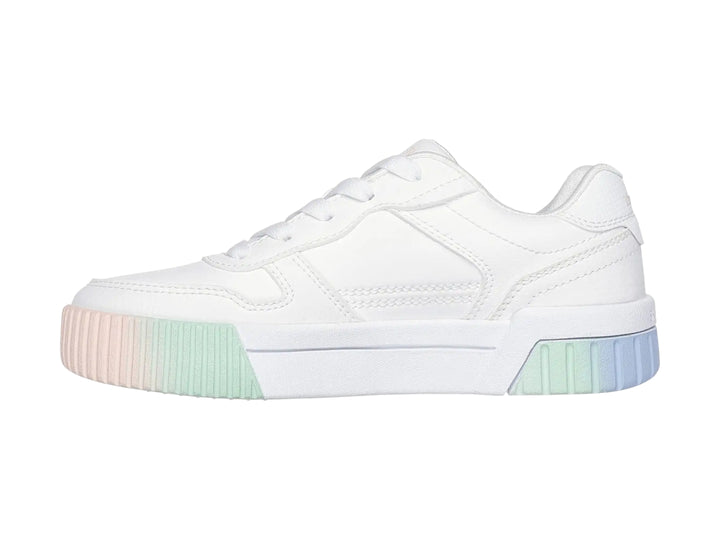 Tenis blancos Skechers con suela gruesa en degradado de colores azul, verde y rosa.
