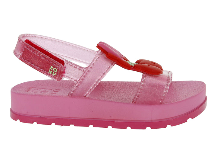 Sandalia rosa oscuro para niña con plataforma y detalle de cerezas rojas en la parte superior.
