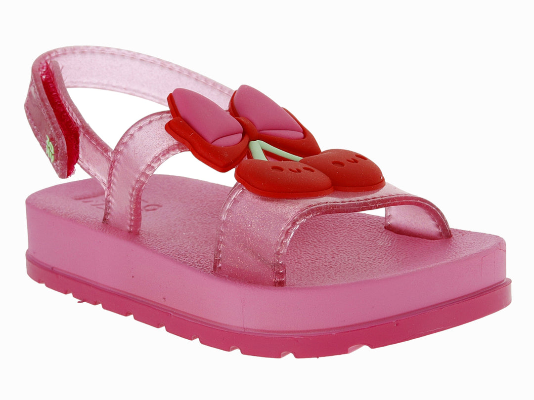 Sandalia rosa oscuro para niña con plataforma y detalle de cerezas rojas en la parte superior.