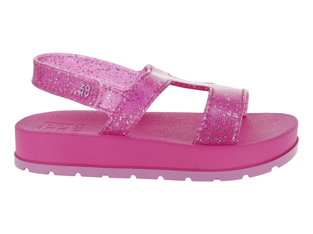 Sandalias rosa glitter para niña con suela de plataforma gruesa y correa ajustable.