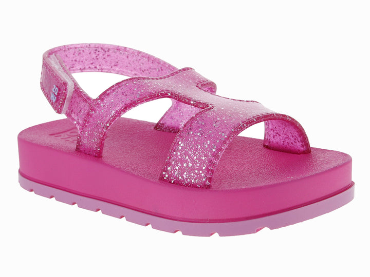 Sandalias rosa glitter para niña con suela de plataforma gruesa y correa ajustable.
