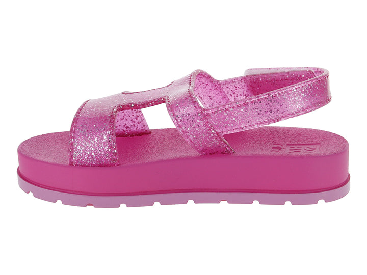 Sandalias rosa glitter para niña con suela de plataforma gruesa y correa ajustable.