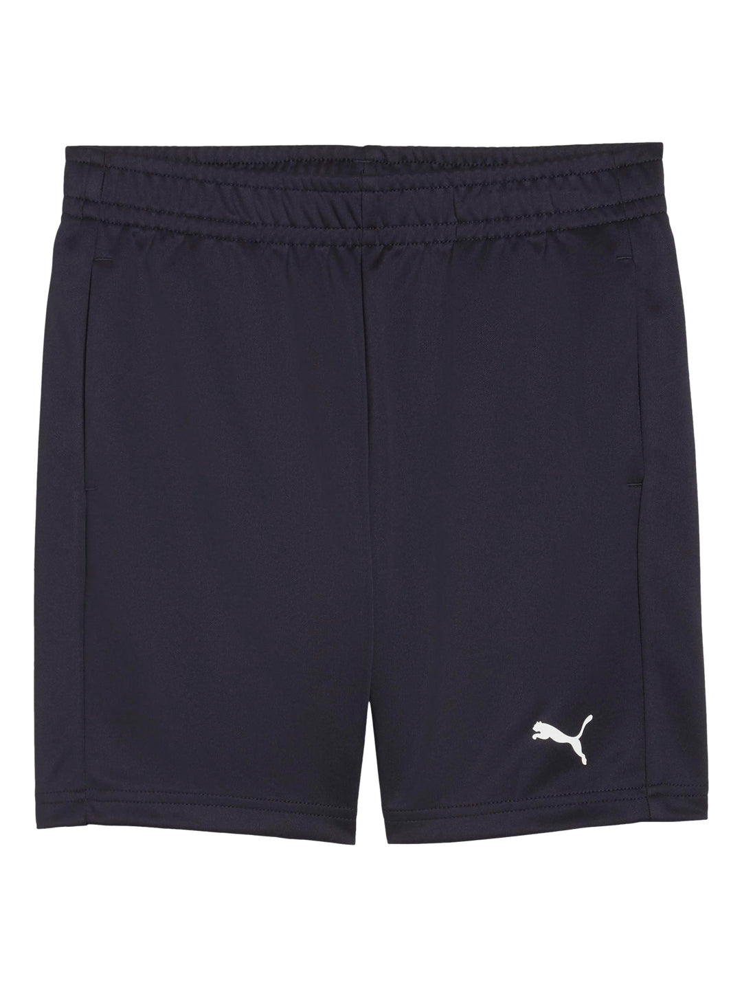 Short deportivo Puma color azul marino para niño con logotipo blanco en la pierna.