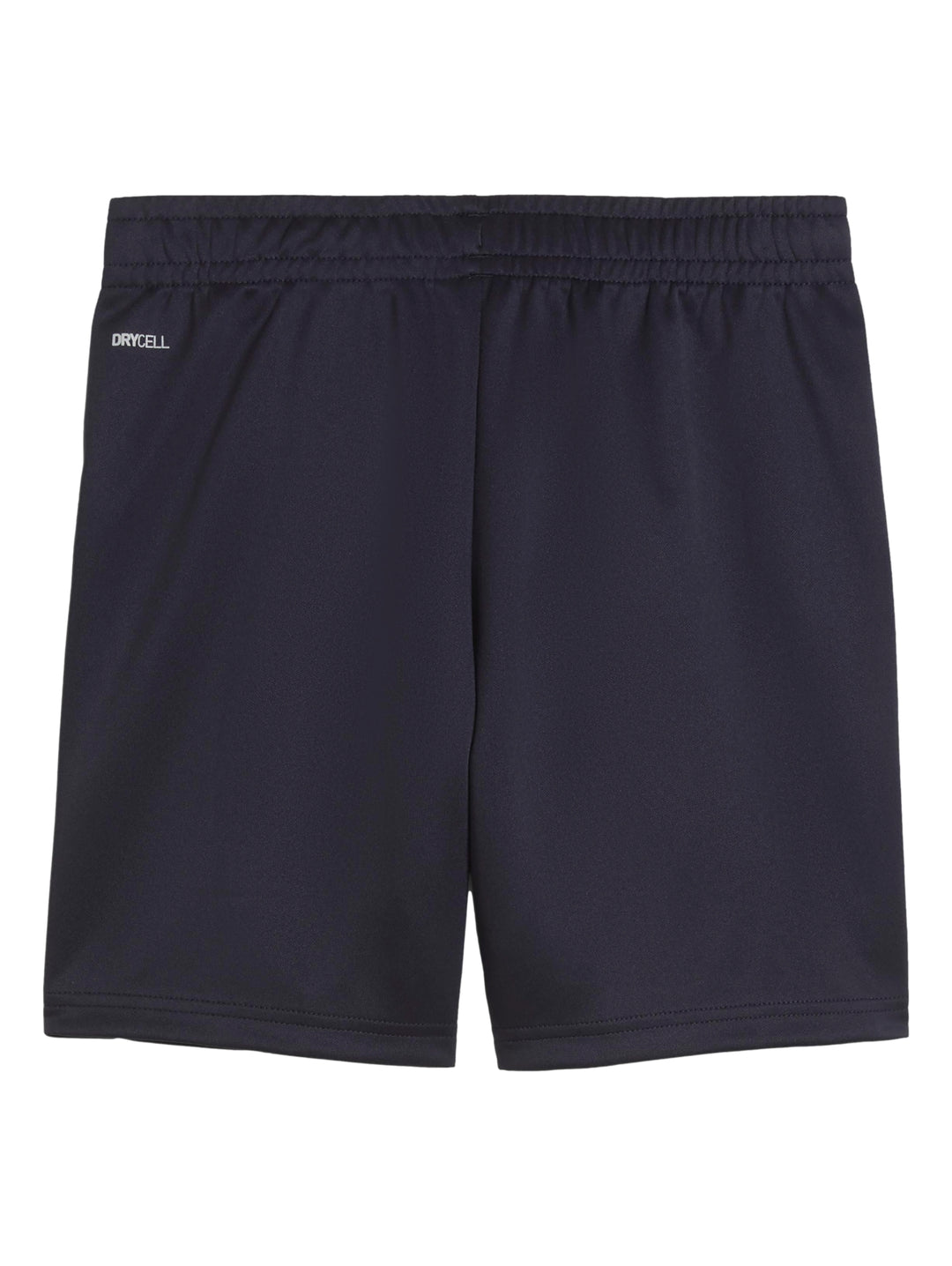 Short deportivo Puma color azul marino para niño con logotipo blanco en la pierna.