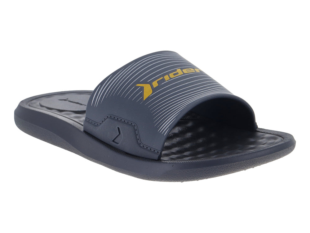 Sandalia slide infantil Rider en color gris oscuro con logo amarillo.