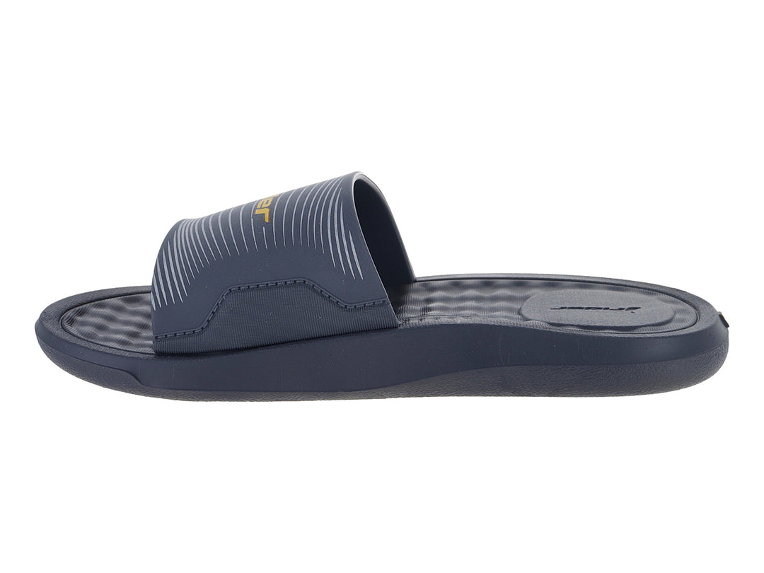 Sandalia slide infantil Rider en color gris oscuro con logo amarillo.