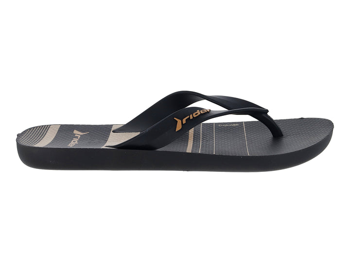 Sandalia Rider color negro con rayas beige, diseño urbano y casual.