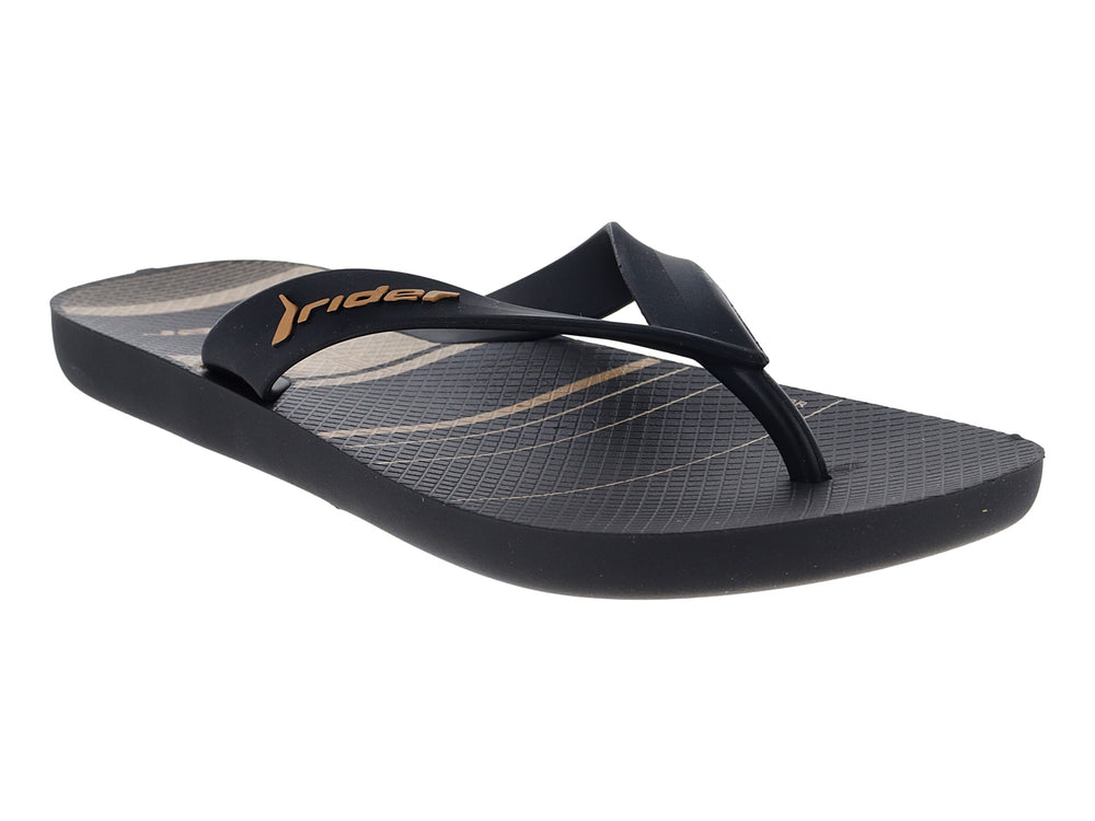 Sandalia Rider color negro con rayas beige, diseño urbano y casual.