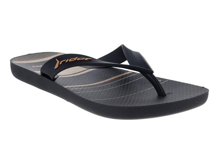 Sandalia Rider color negro con rayas beige, diseño urbano y casual.