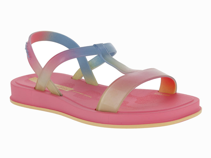 Sandalias Ipanema de plataforma con suela rosa y tiras en degradado de colores azul, amarillo y rosa.