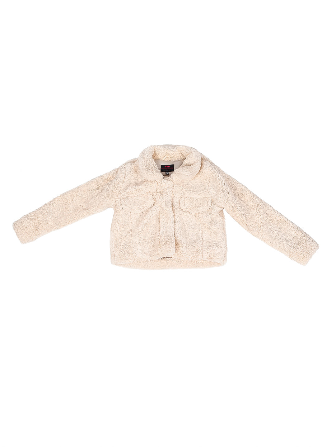 Chamarra de peluche color ivory para niños con cuello y bolsillos frontales.