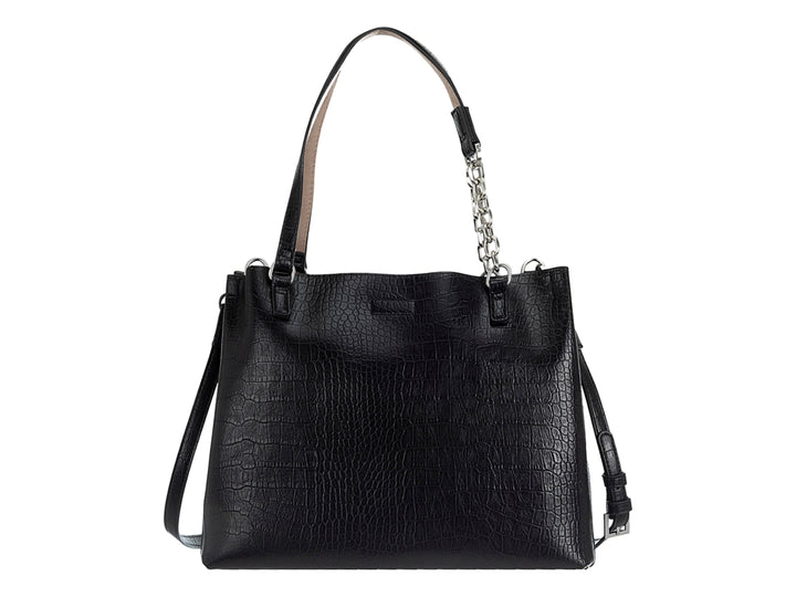 Bolso negro Cloe con textura de cocodrilo, asa con cadena plateada y logotipo metálico frontal.
