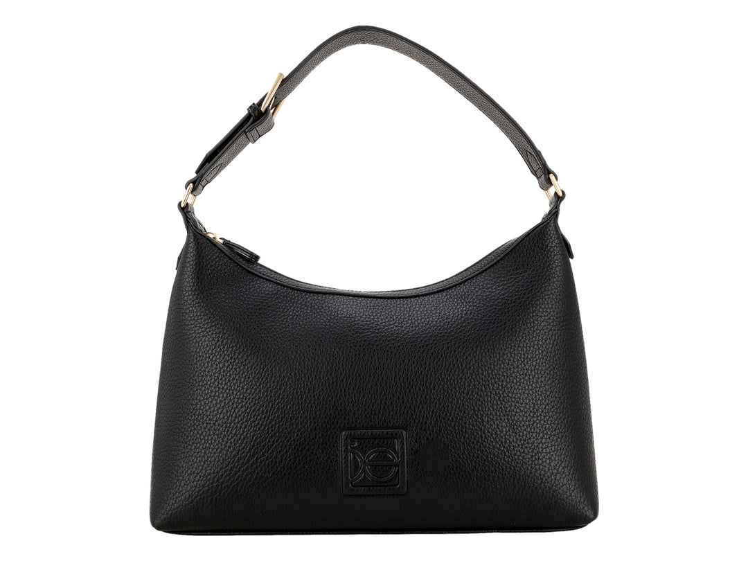 Bolsa de hombro Cloe color negro con textura granulada, asa ajustable y detalles metálicos en dorado.