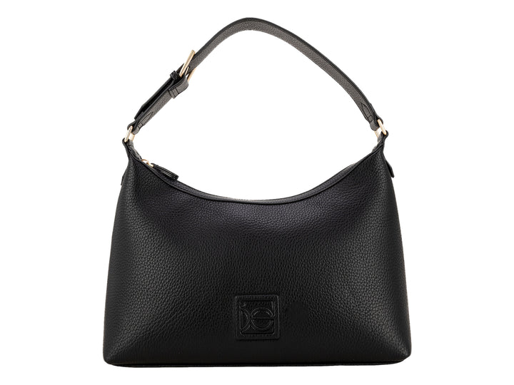 Bolsa de hombro Cloe color negro con textura granulada, asa ajustable y detalles metálicos en dorado.