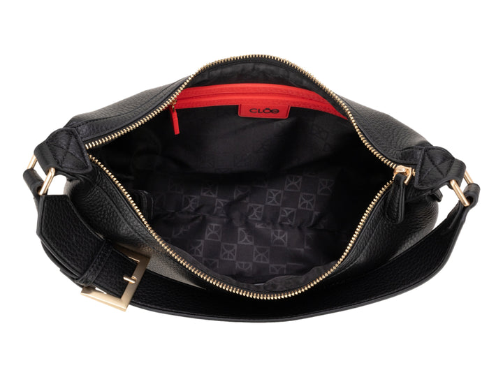 Bolsa de hombro Cloe color negro con textura granulada, asa ajustable y detalles metálicos en dorado.