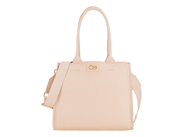 Bolso de hombro Cloe en color nude, con asas superiores y correa larga ajustable, diseño elegante y liso.