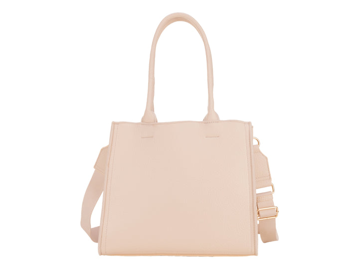 Bolso de hombro Cloe en color nude, con asas superiores y correa larga ajustable, diseño elegante y liso.