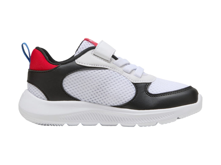 Tenis deportivos PUMA infantiles en colores blanco y negro con detalles en rojo y azul.