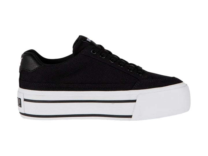 Tenis PUMA Court Classic Vulc FS Platform para mujer en color negro con suela de plataforma blanca.