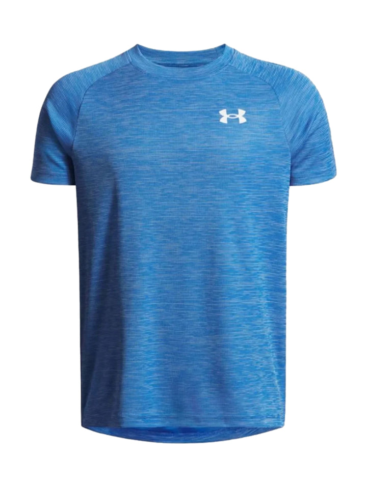 Camiseta deportiva de manga corta color azul con logotipo de Under Armour en el pecho.