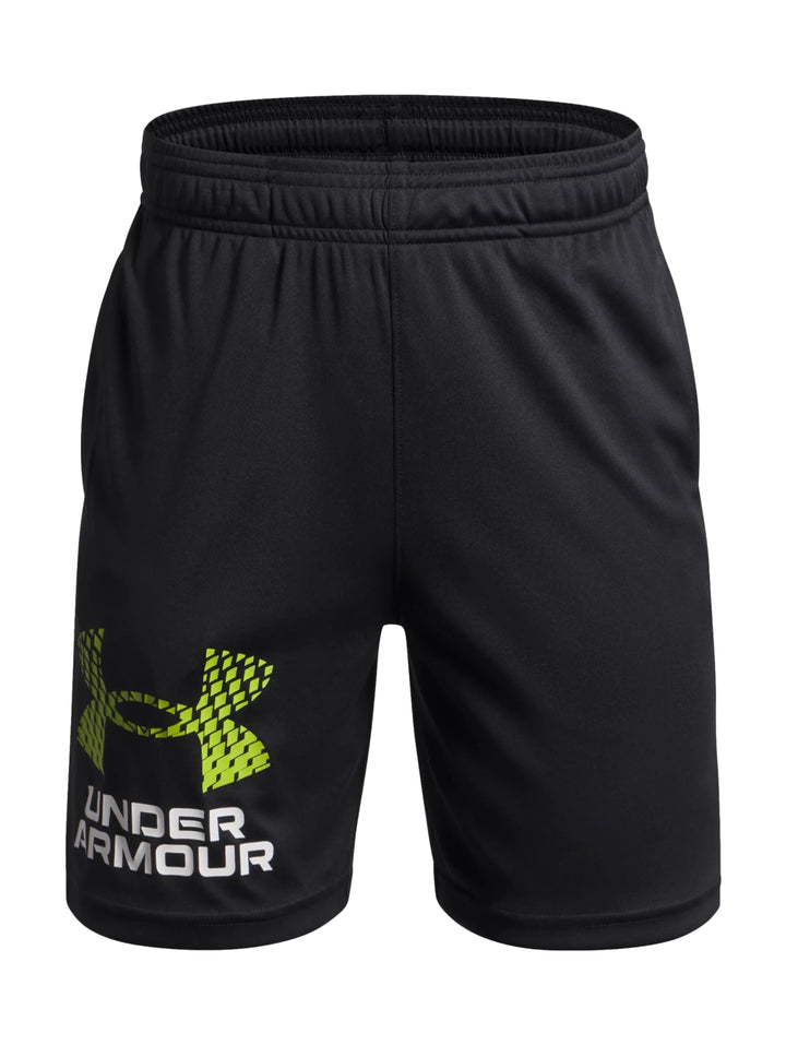 Shorts deportivos Under Armour de color negro con logotipo amarillo en la pierna derecha.