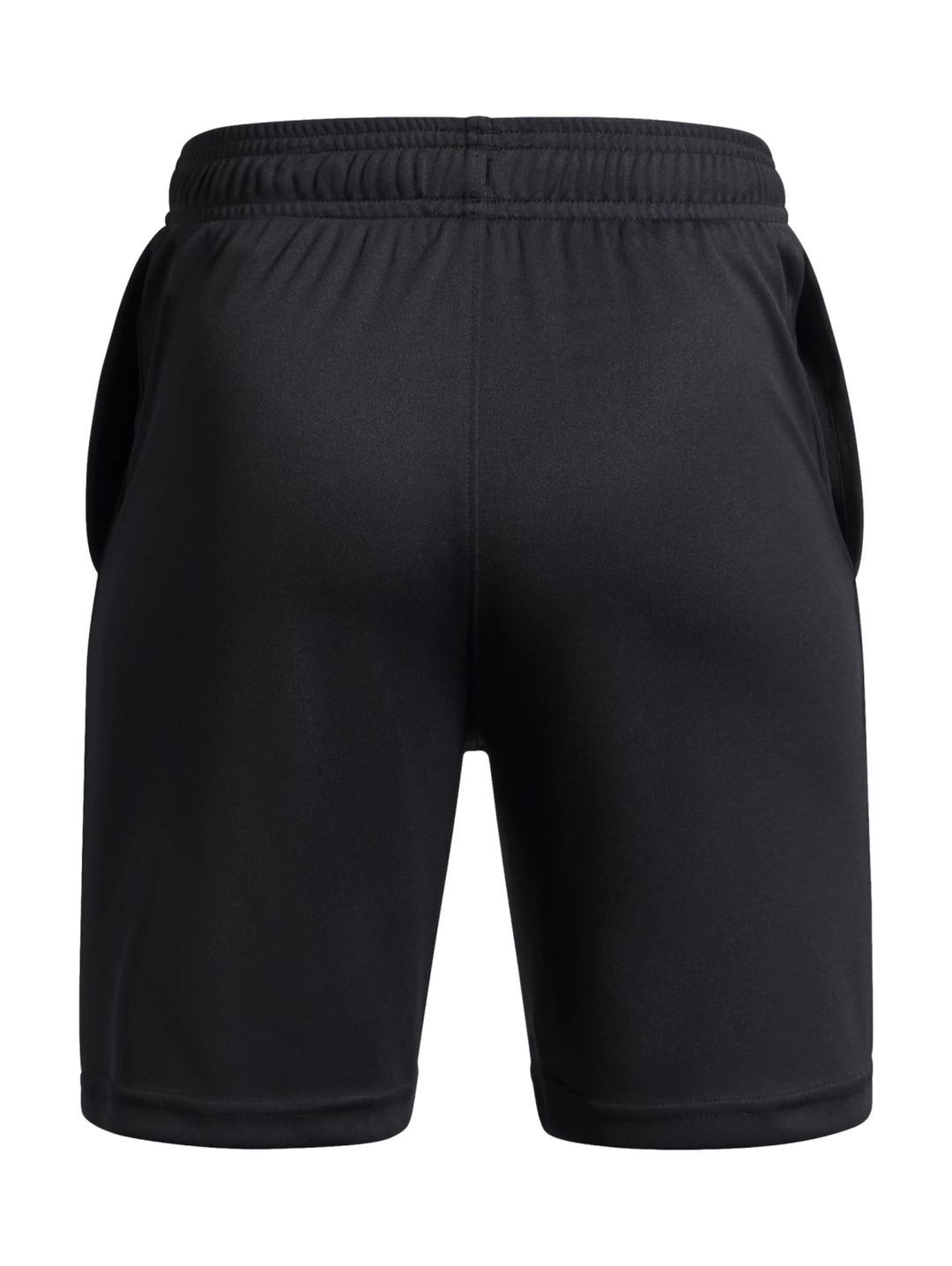 Shorts deportivos Under Armour de color negro con logotipo amarillo en la pierna derecha.