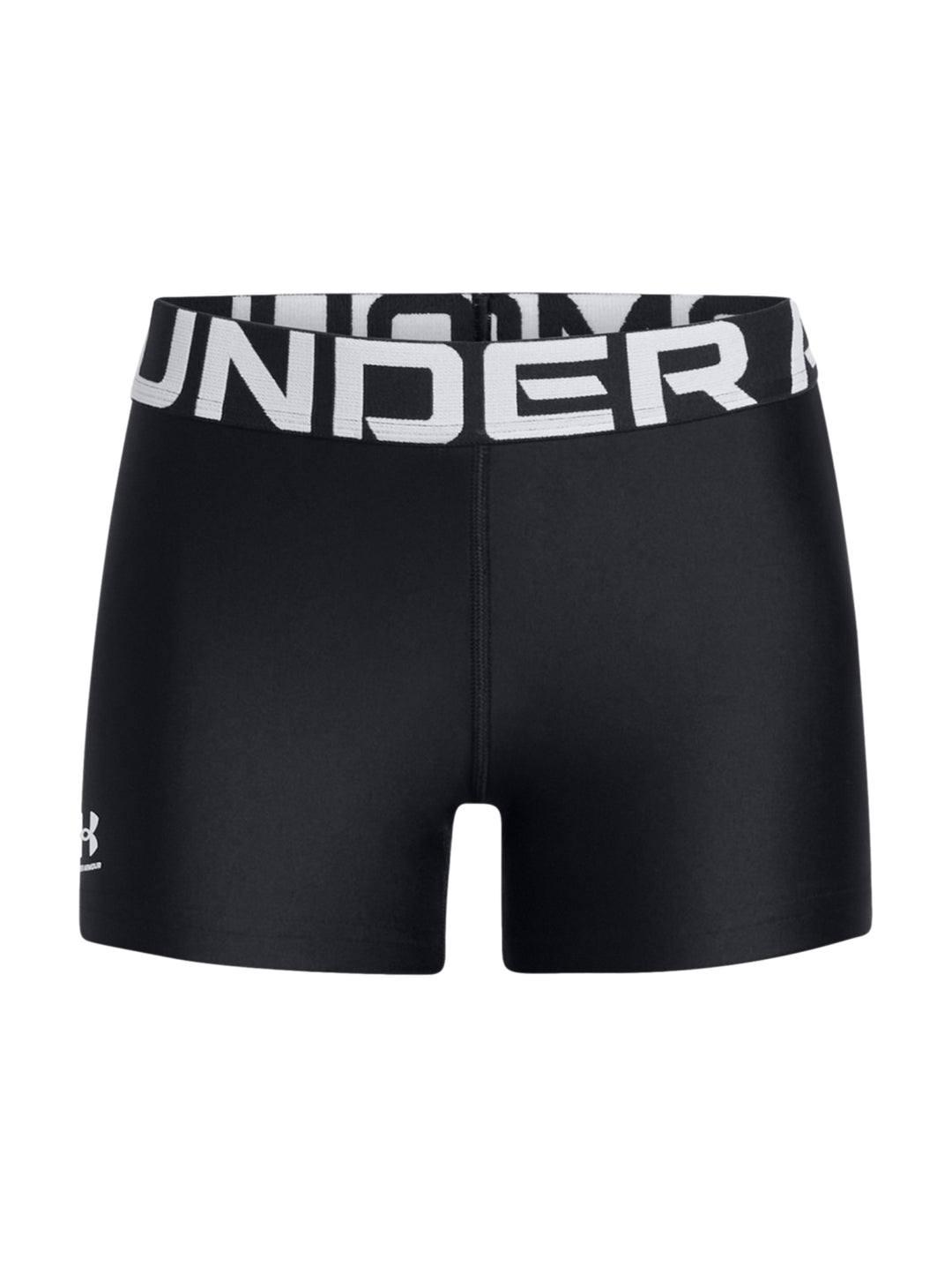 Shorts deportivos de compresión color negro con banda elástica blanca en la cintura.