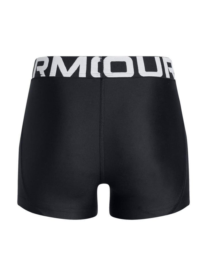 Shorts deportivos de compresión color negro con banda elástica blanca en la cintura.